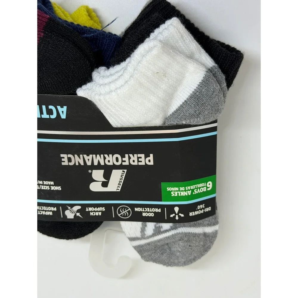 Russell Performance Socks Multi Boys Ankle Active 6-Pack Shoe SZ 4.5-8.5 New NWT
